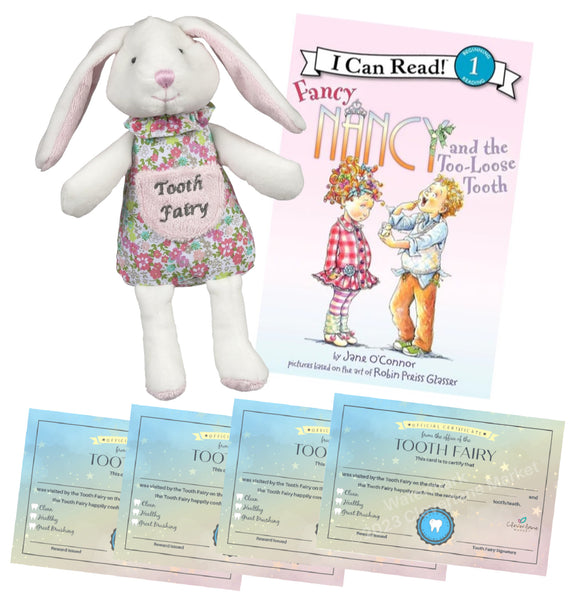 Tooth Fairy Set - Bunny Tooth Fairy Plush with Fancy Nancy and the Too Loose Tooth Book & 4 Tooth Fairy Receipt Cards