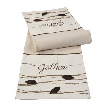 Embroidered "Gather" Table Runner with Suede & Burlap Detail