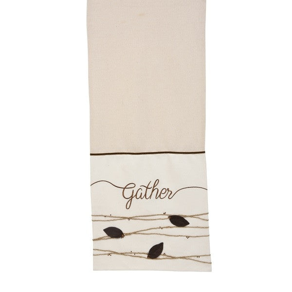 Embroidered "Gather" Table Runner with Suede & Burlap Detail