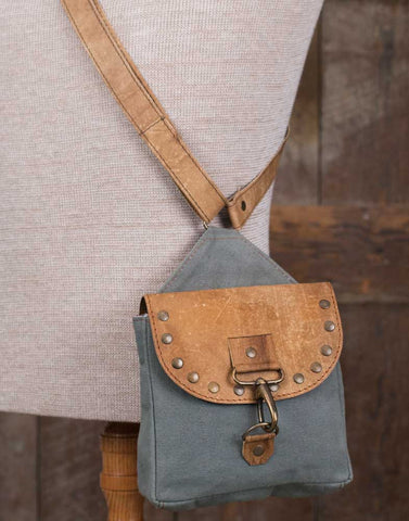 Leather & Canvas Crossbody City Bag with Rivets